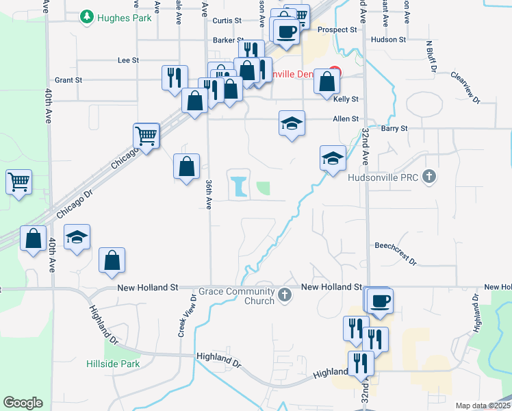 map of restaurants, bars, coffee shops, grocery stores, and more near 3458 Hidden Cove Lane in Hudsonville