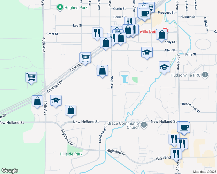 map of restaurants, bars, coffee shops, grocery stores, and more near 5005 36th Avenue in Hudsonville