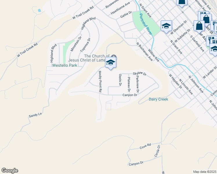 map of restaurants, bars, coffee shops, grocery stores, and more near 190 Mesa Drive in Pocatello