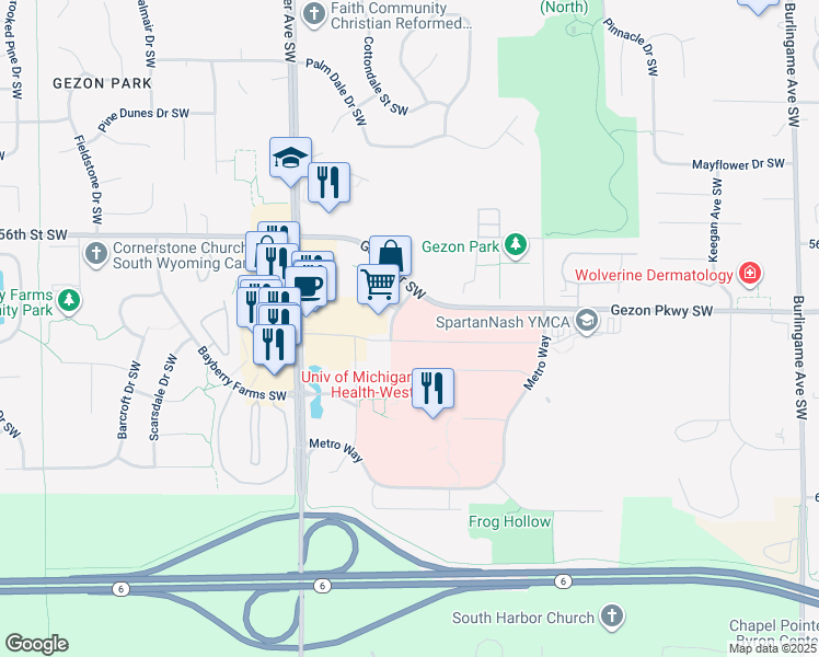 map of restaurants, bars, coffee shops, grocery stores, and more near 2221 Health Drive Southwest in Wyoming