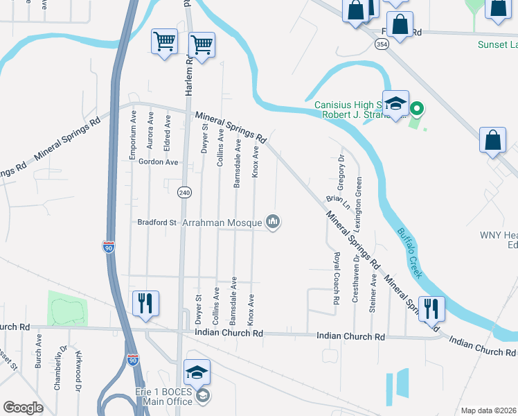 map of restaurants, bars, coffee shops, grocery stores, and more near 181 Knox Avenue in West Seneca