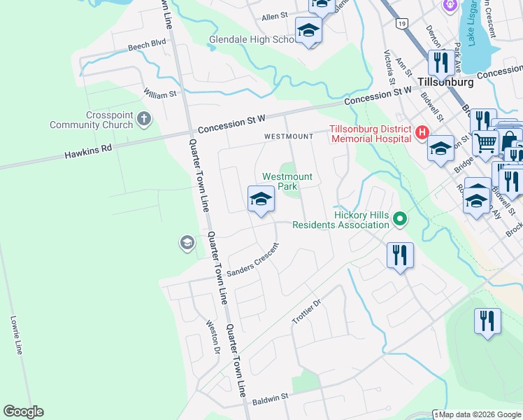 map of restaurants, bars, coffee shops, grocery stores, and more near 43 Lowrie Crescent in Tillsonburg
