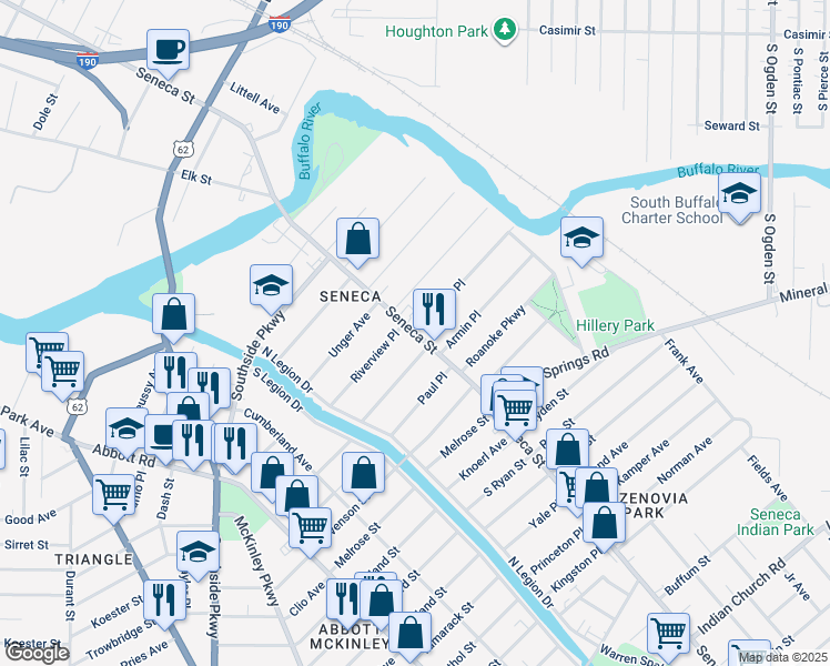 map of restaurants, bars, coffee shops, grocery stores, and more near Seneca Street & Pomona Place in Buffalo