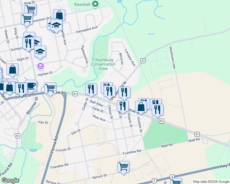 map of restaurants, bars, coffee shops, grocery stores, and more near 90 Simcoe Street in Tillsonburg
