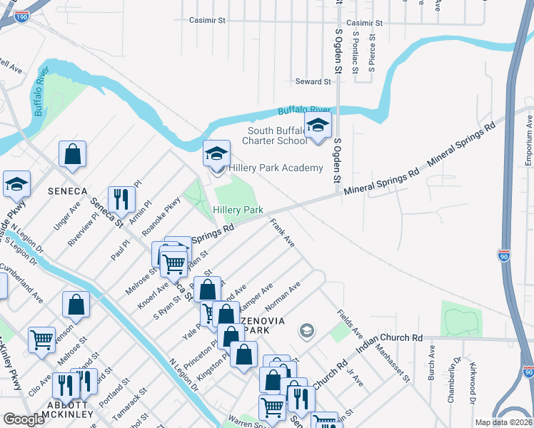 map of restaurants, bars, coffee shops, grocery stores, and more near 150 Ryan Street in Buffalo