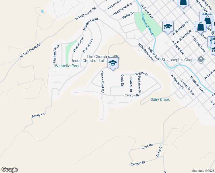 map of restaurants, bars, coffee shops, grocery stores, and more near 904 Rocky Point Road in Pocatello
