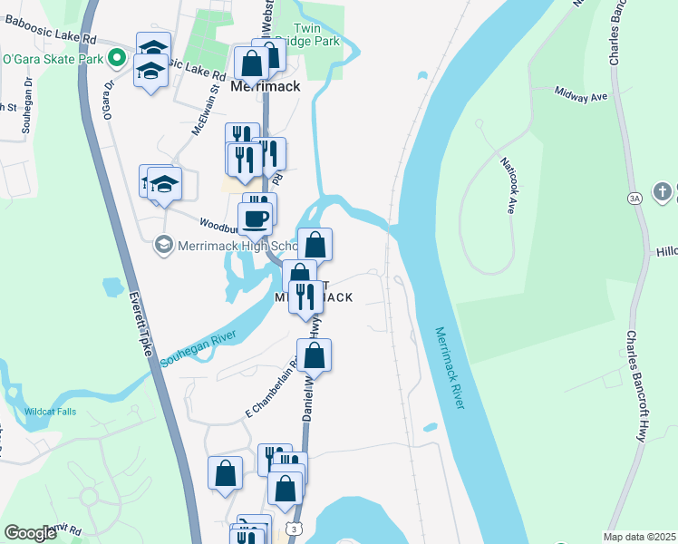 map of restaurants, bars, coffee shops, grocery stores, and more near 7 Railroad Avenue in Merrimack