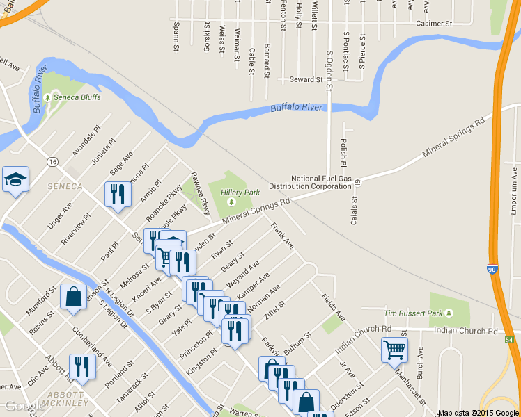 map of restaurants, bars, coffee shops, grocery stores, and more near 150 Ryan Street in Buffalo