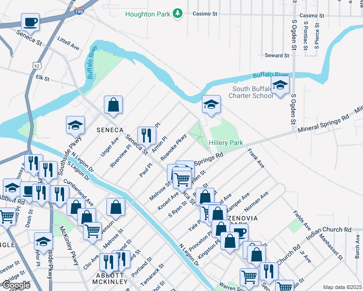 map of restaurants, bars, coffee shops, grocery stores, and more near 55 Seminole Parkway in Buffalo