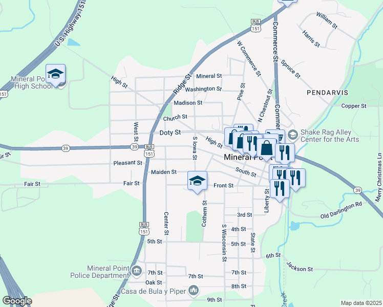 map of restaurants, bars, coffee shops, grocery stores, and more near 307 South Iowa Street in Mineral Point