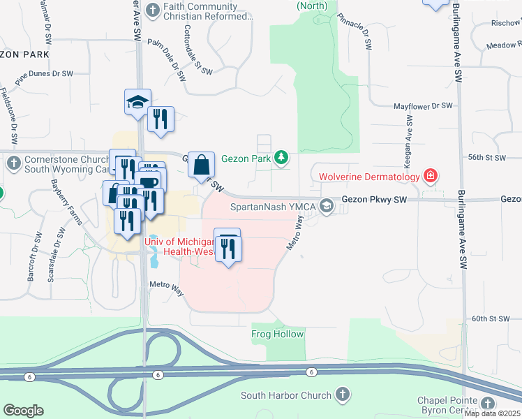 map of restaurants, bars, coffee shops, grocery stores, and more near 2093 Health Drive Southwest in Wyoming