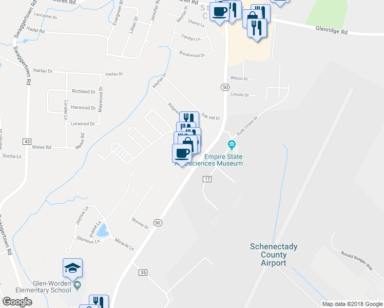 map of restaurants, bars, coffee shops, grocery stores, and more near 123 Saratoga Road in Schenectady