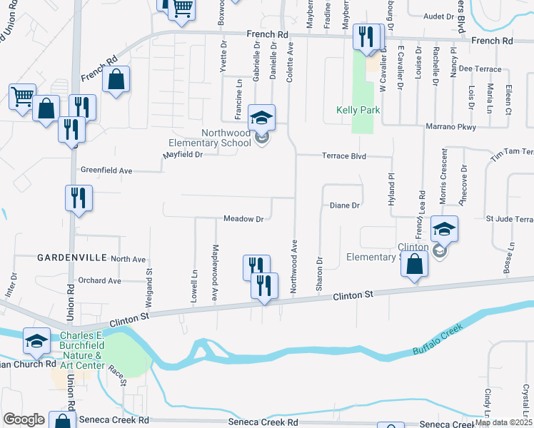 map of restaurants, bars, coffee shops, grocery stores, and more near 520 Meadow Drive in Buffalo