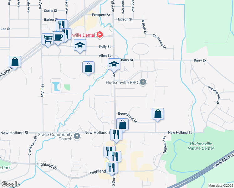 map of restaurants, bars, coffee shops, grocery stores, and more near 5005 32nd Avenue in Hudsonville