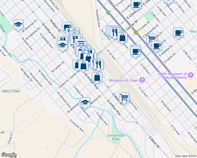 map of restaurants, bars, coffee shops, grocery stores, and more near 360 South Arthur Avenue in Pocatello