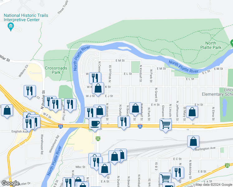 map of restaurants, bars, coffee shops, grocery stores, and more near 246 East J Street in Casper