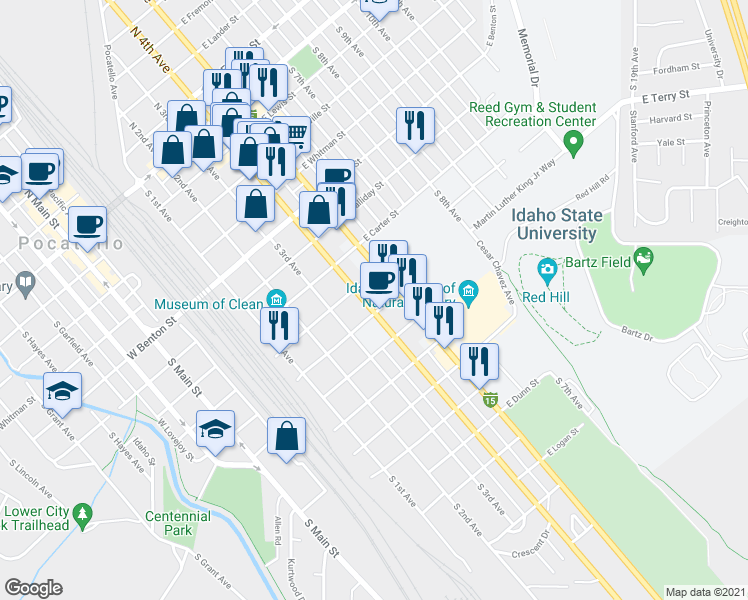 map of restaurants, bars, coffee shops, grocery stores, and more near 835 U.S. 91 in Pocatello