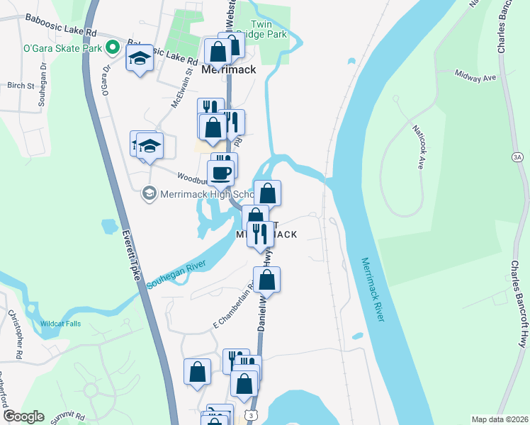 map of restaurants, bars, coffee shops, grocery stores, and more near 425 Daniel Webster Highway in Merrimack