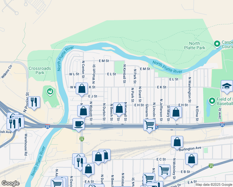 map of restaurants, bars, coffee shops, grocery stores, and more near 1018 Saint John Street in Casper