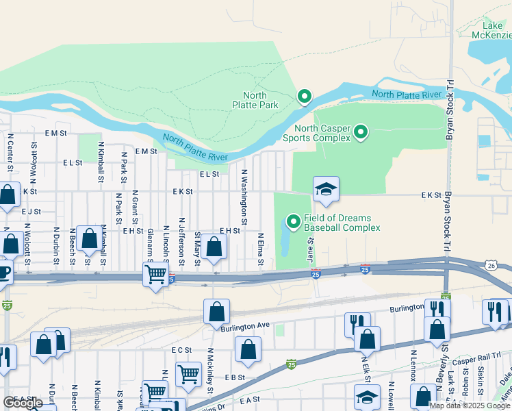map of restaurants, bars, coffee shops, grocery stores, and more near 1046 North Elma Street in Casper