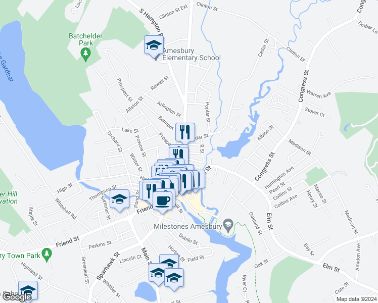 map of restaurants, bars, coffee shops, grocery stores, and more near 3 Boardman Street in Amesbury