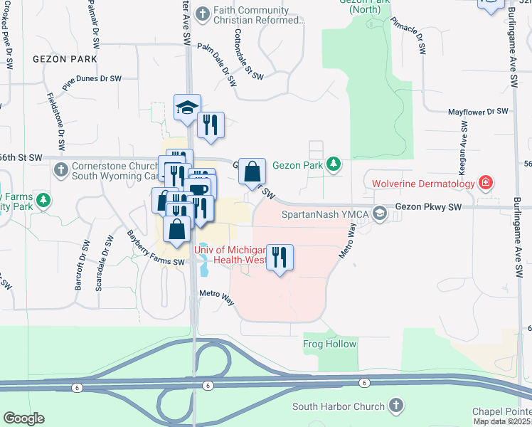 map of restaurants, bars, coffee shops, grocery stores, and more near 2221 Health Drive Southwest in Wyoming