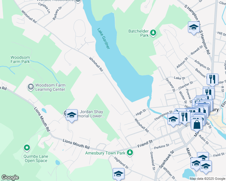 map of restaurants, bars, coffee shops, grocery stores, and more near 94 Whitehall Road in Amesbury