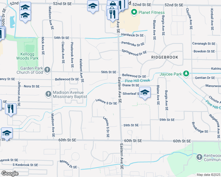 map of restaurants, bars, coffee shops, grocery stores, and more near 5635 Eastern Avenue Southeast in Kentwood