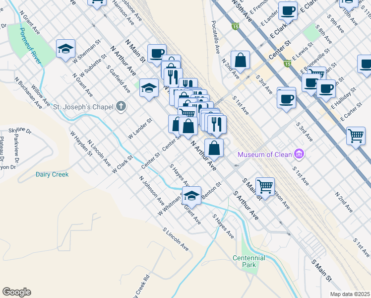 map of restaurants, bars, coffee shops, grocery stores, and more near 435 West Center Street in Pocatello