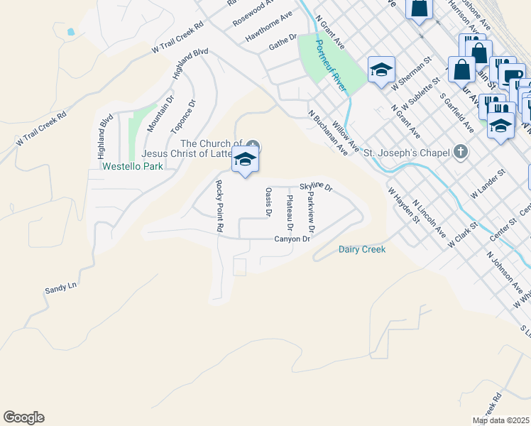 map of restaurants, bars, coffee shops, grocery stores, and more near 157-171 Mesa Dr in Pocatello