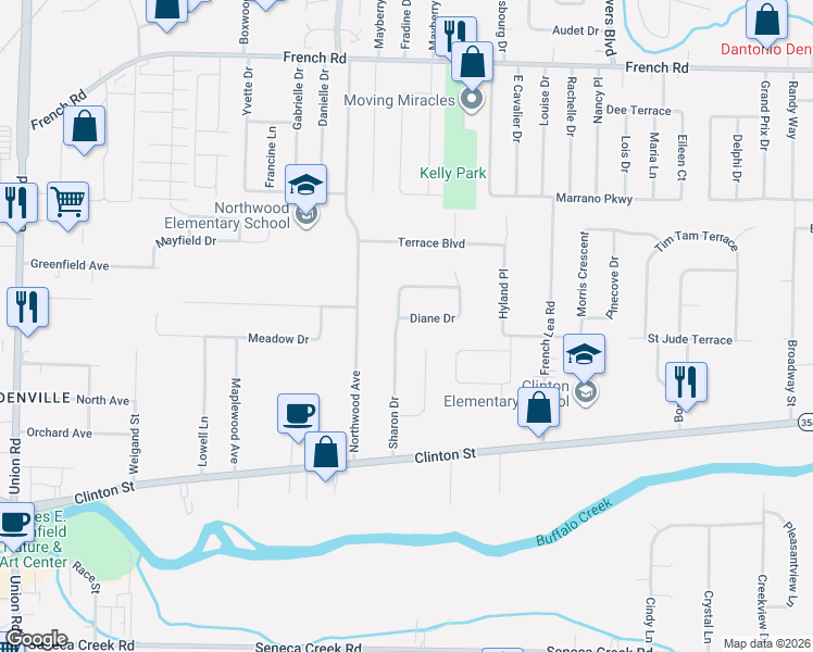 map of restaurants, bars, coffee shops, grocery stores, and more near 144 Sharon Drive in Buffalo
