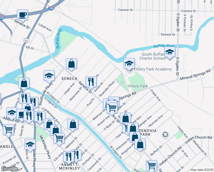 map of restaurants, bars, coffee shops, grocery stores, and more near 73 Armin Place in Buffalo