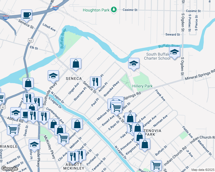 map of restaurants, bars, coffee shops, grocery stores, and more near 73 Armin Place in Buffalo