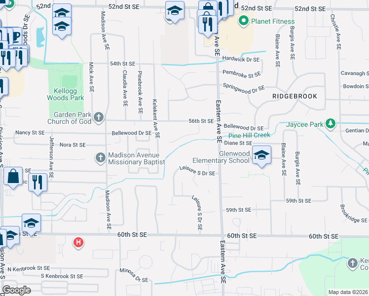 map of restaurants, bars, coffee shops, grocery stores, and more near 5671 Roseworth Court Southeast in Kentwood