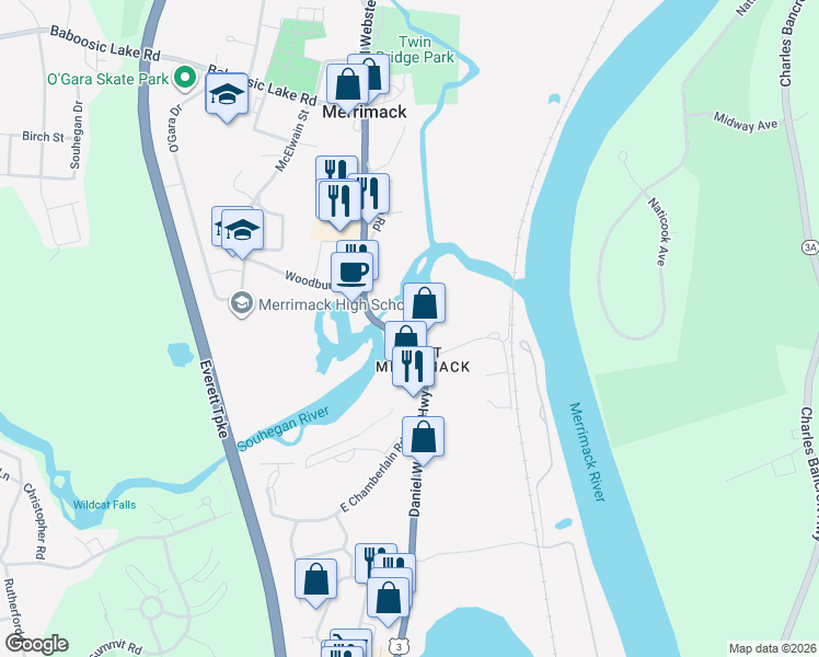 map of restaurants, bars, coffee shops, grocery stores, and more near 425 Daniel Webster Highway in Merrimack