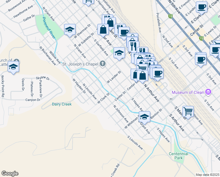 map of restaurants, bars, coffee shops, grocery stores, and more near 219 North Grant Avenue in Pocatello