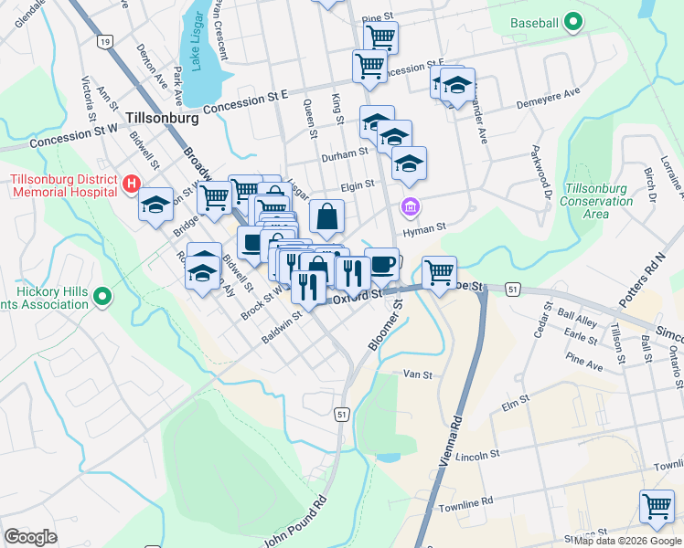 map of restaurants, bars, coffee shops, grocery stores, and more near 10 McKenzie Street in Tillsonburg