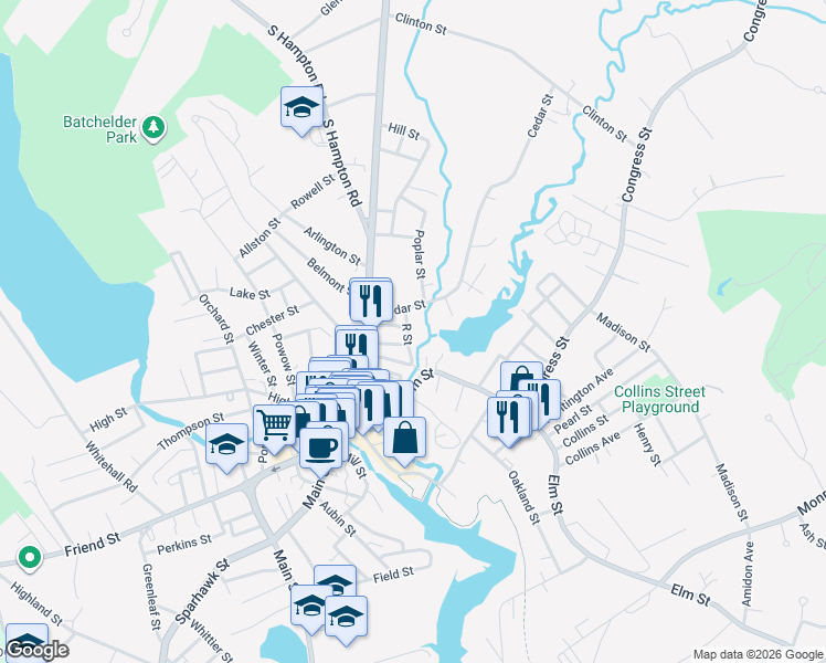 map of restaurants, bars, coffee shops, grocery stores, and more near 15 Cedar Street in Amesbury