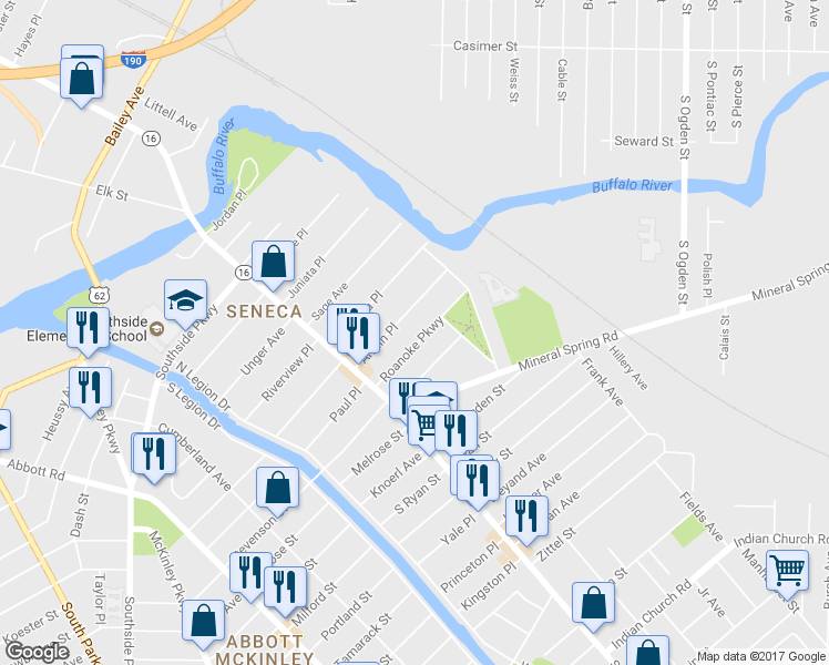 map of restaurants, bars, coffee shops, grocery stores, and more near 73 Armin Place in Buffalo
