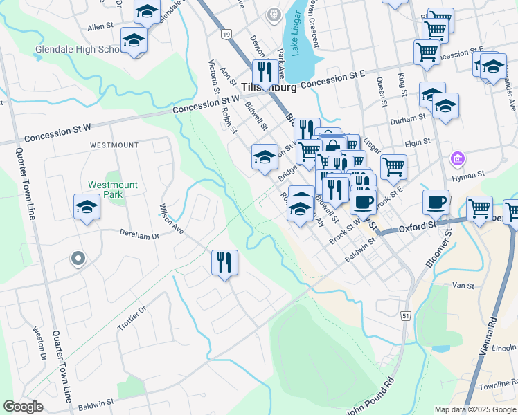 map of restaurants, bars, coffee shops, grocery stores, and more near 75 Hale Street in Tillsonburg