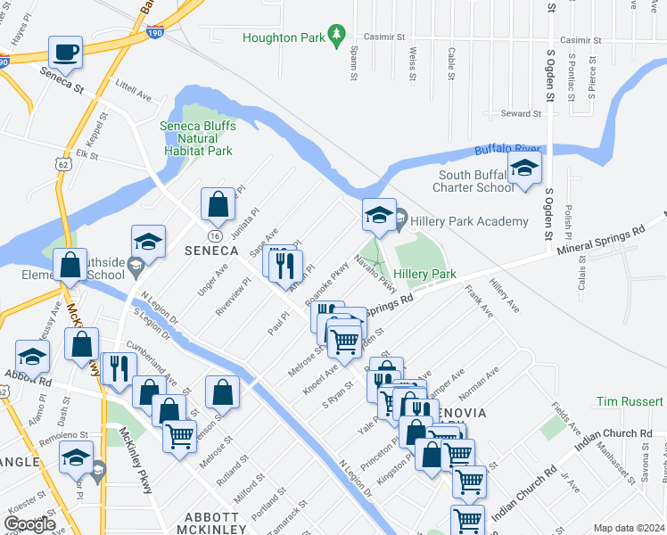 map of restaurants, bars, coffee shops, grocery stores, and more near 68 Roanoke Parkway in Buffalo
