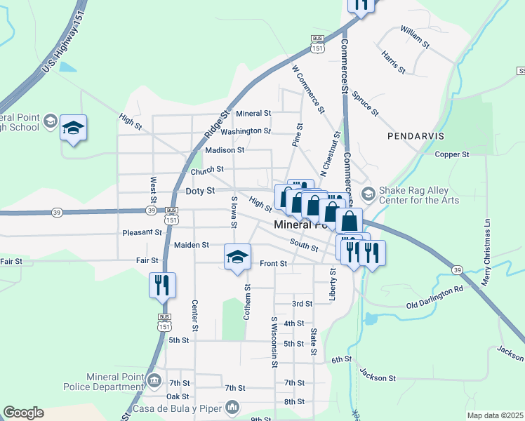 map of restaurants, bars, coffee shops, grocery stores, and more near 326 High Street in Mineral Point