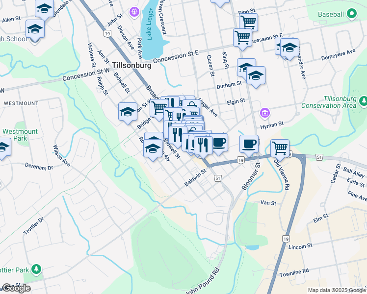 map of restaurants, bars, coffee shops, grocery stores, and more near 157 Broadway Street in Tillsonburg
