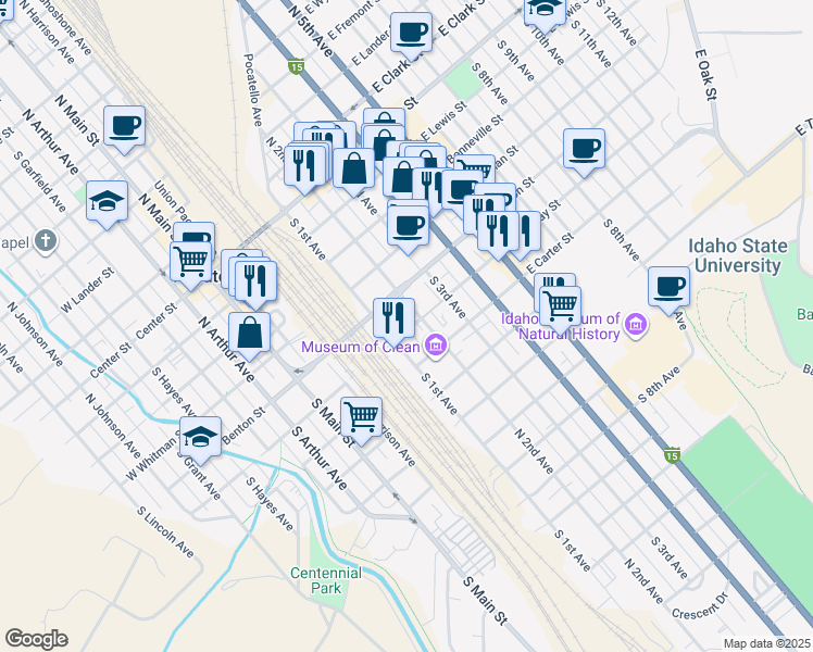 map of restaurants, bars, coffee shops, grocery stores, and more near 2 East Halliday Street in Pocatello