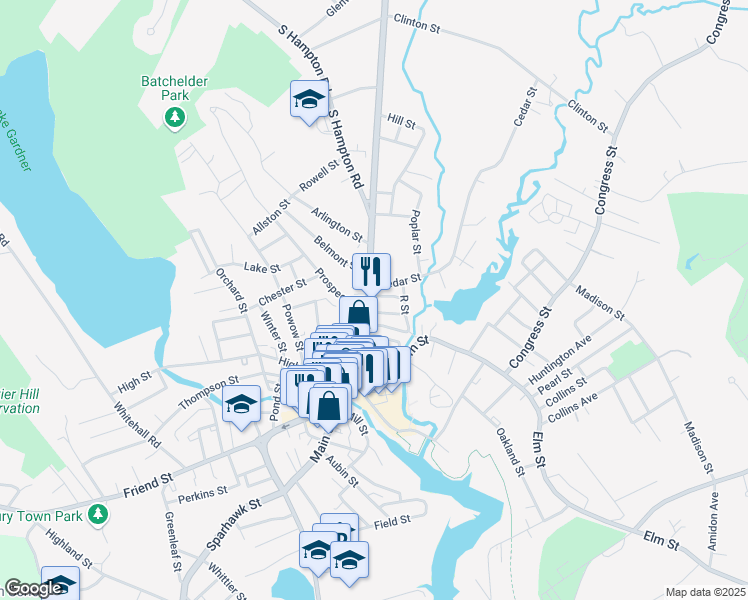 map of restaurants, bars, coffee shops, grocery stores, and more near 67 Market Street in Amesbury