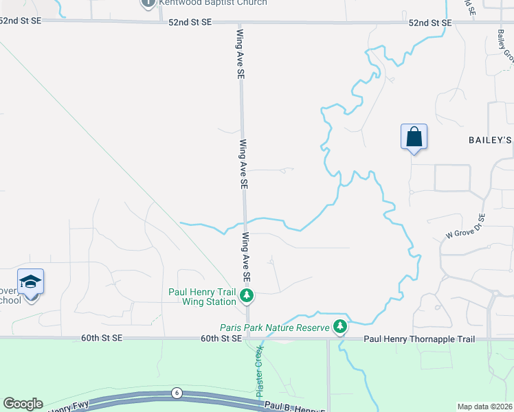 map of restaurants, bars, coffee shops, grocery stores, and more near 5622 Wing Avenue Southeast in Kentwood