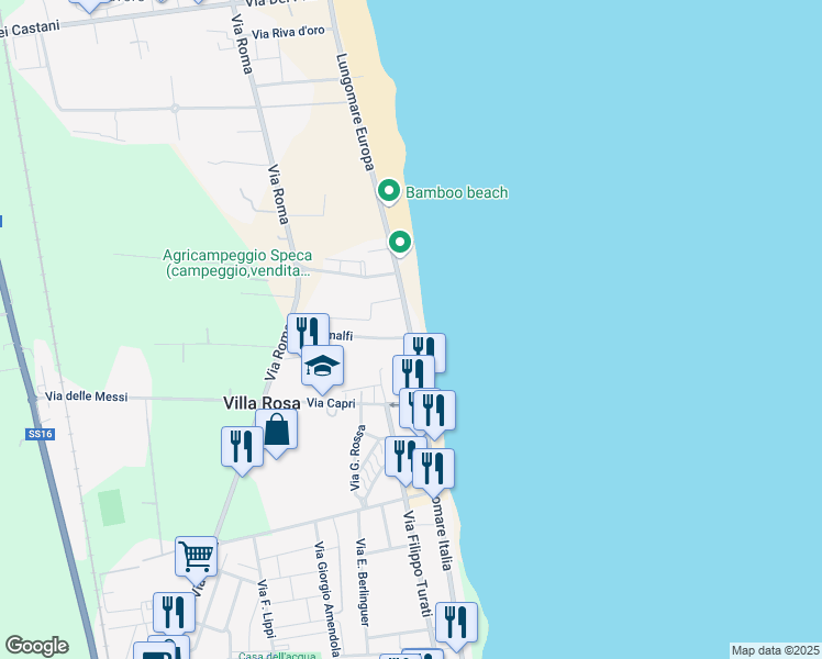 map of restaurants, bars, coffee shops, grocery stores, and more near 308 Lungomare Europa in Villa Rosa