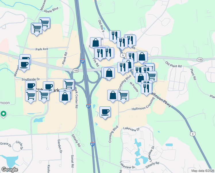 map of restaurants, bars, coffee shops, grocery stores, and more near 54 Crossing Boulevard in Saratoga County