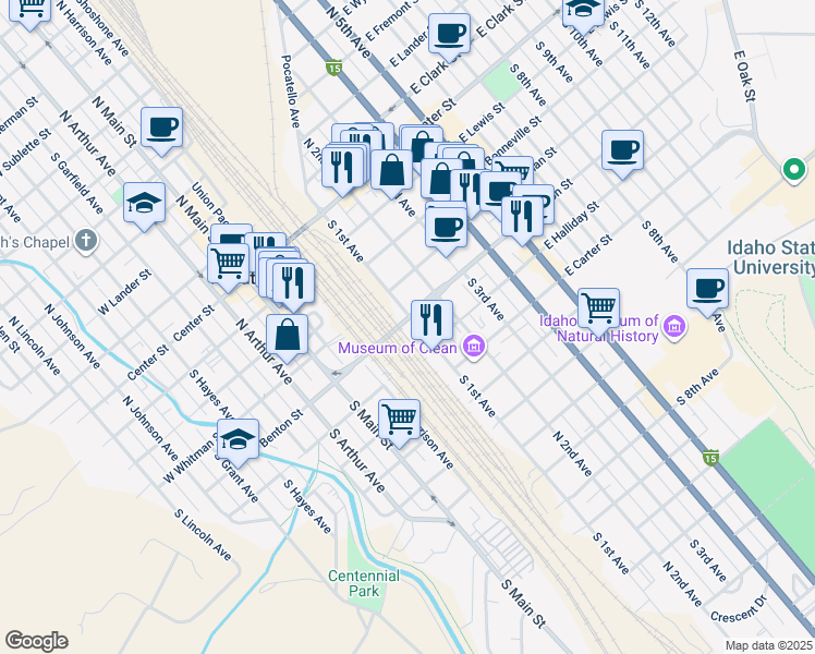 map of restaurants, bars, coffee shops, grocery stores, and more near 401-499 South 1st Avenue in Pocatello