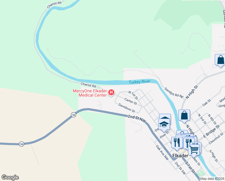 map of restaurants, bars, coffee shops, grocery stores, and more near 908 Carter Street Northwest in Elkader